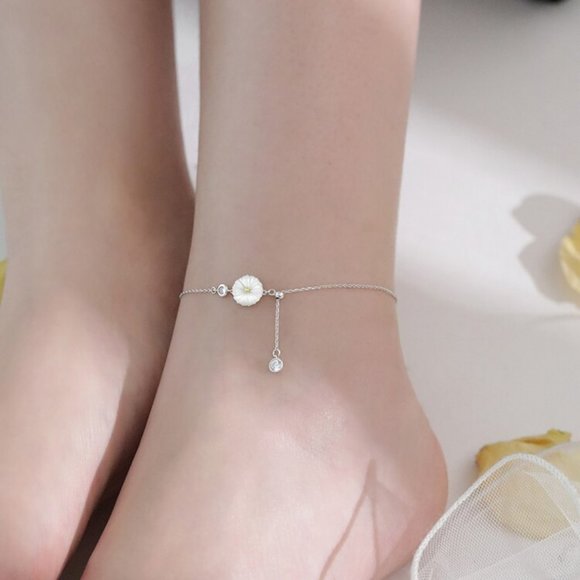 NEW 925 Sterling Silver Shell Diamond Daisy Anklet - Picture 3 of 9